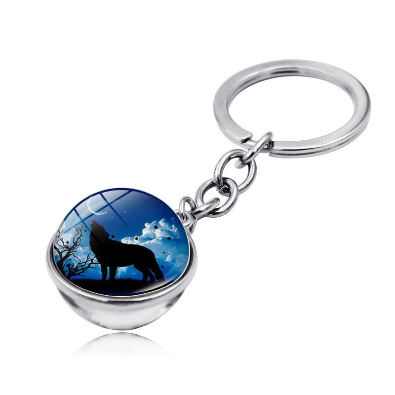 Howling Wolf Moonlight Gem Keychain with Metal Ring