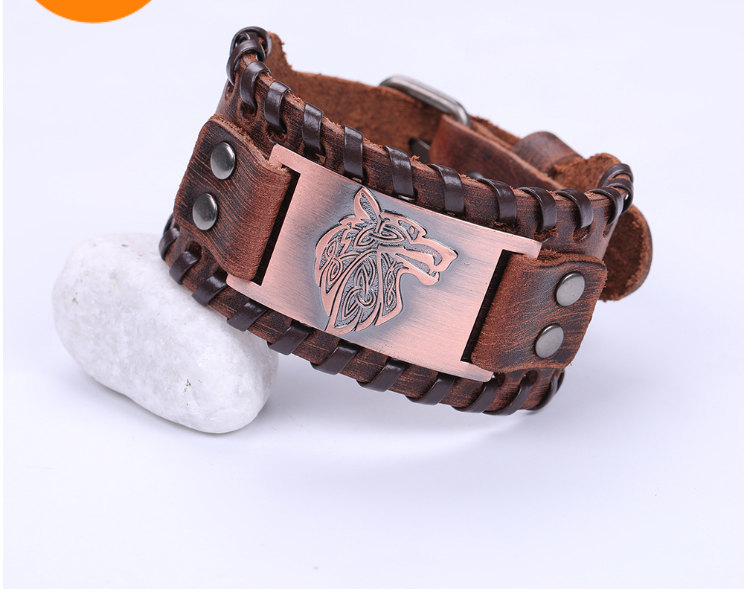 Viking Wolf Head Leather Arm Cuff by Beowulf Regalia