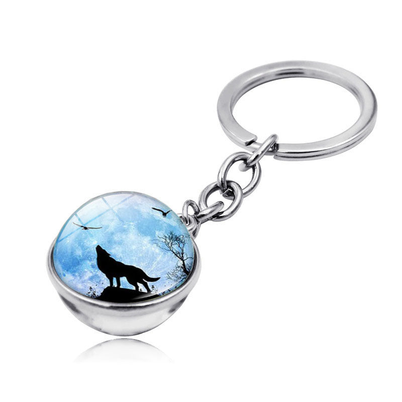 Howling Wolf Moonlight Gem Keychain with Metal Ring