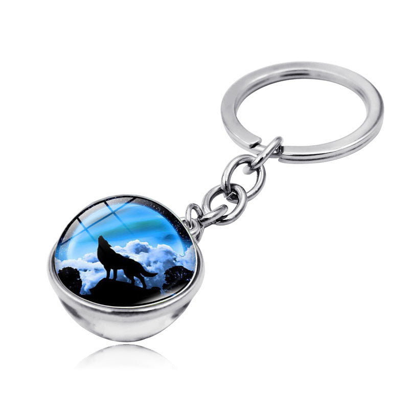 Howling Wolf Moonlight Gem Keychain with Metal Ring