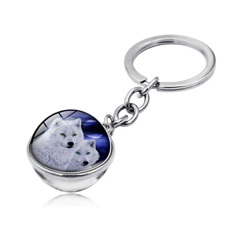 Howling Wolf Moonlight Gem Keychain with Metal Ring