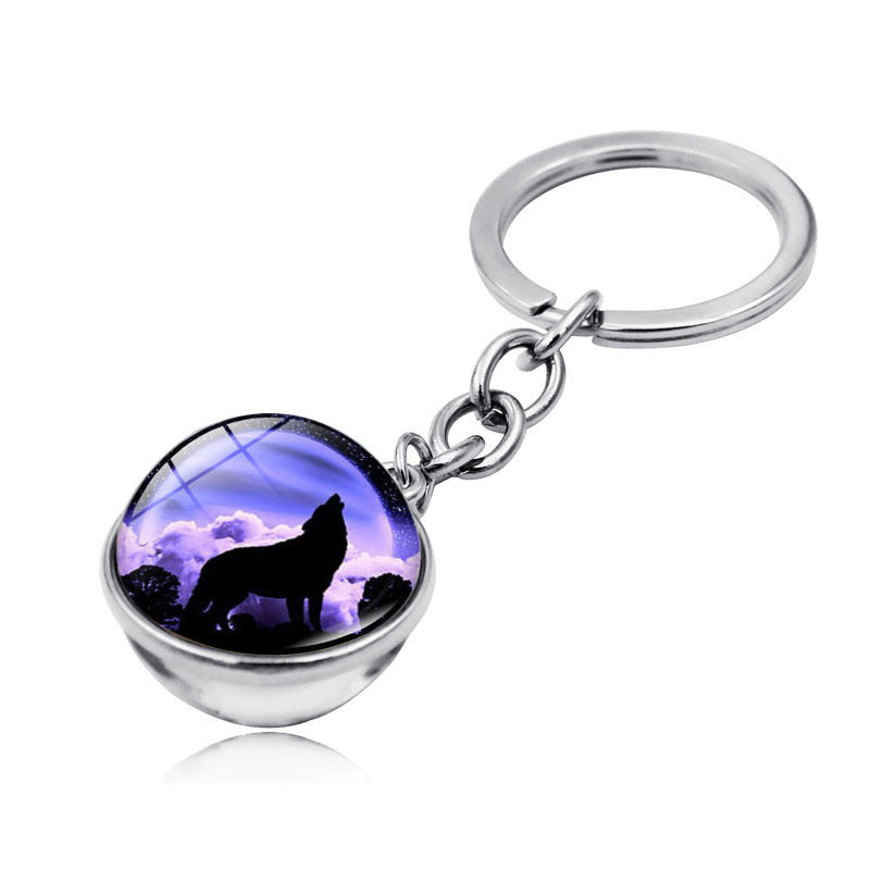 Howling Wolf Moonlight Gem Keychain with Metal Ring