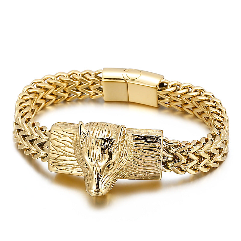 Titanium Steel Wolf Head Bracelet – Black, Gold & Steel