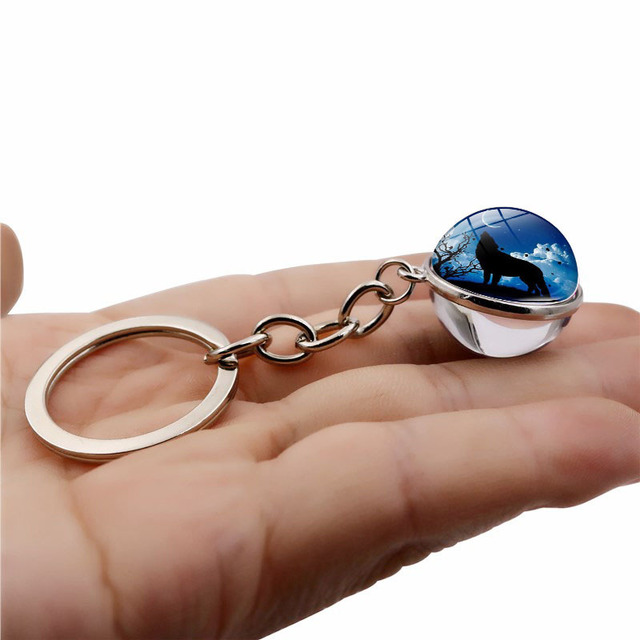 Howling Wolf Moonlight Gem Keychain with Metal Ring