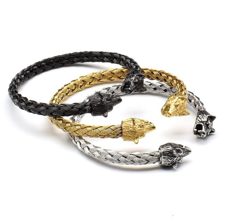 Viking Wolf Head Stainless Steel Braided Bracelet