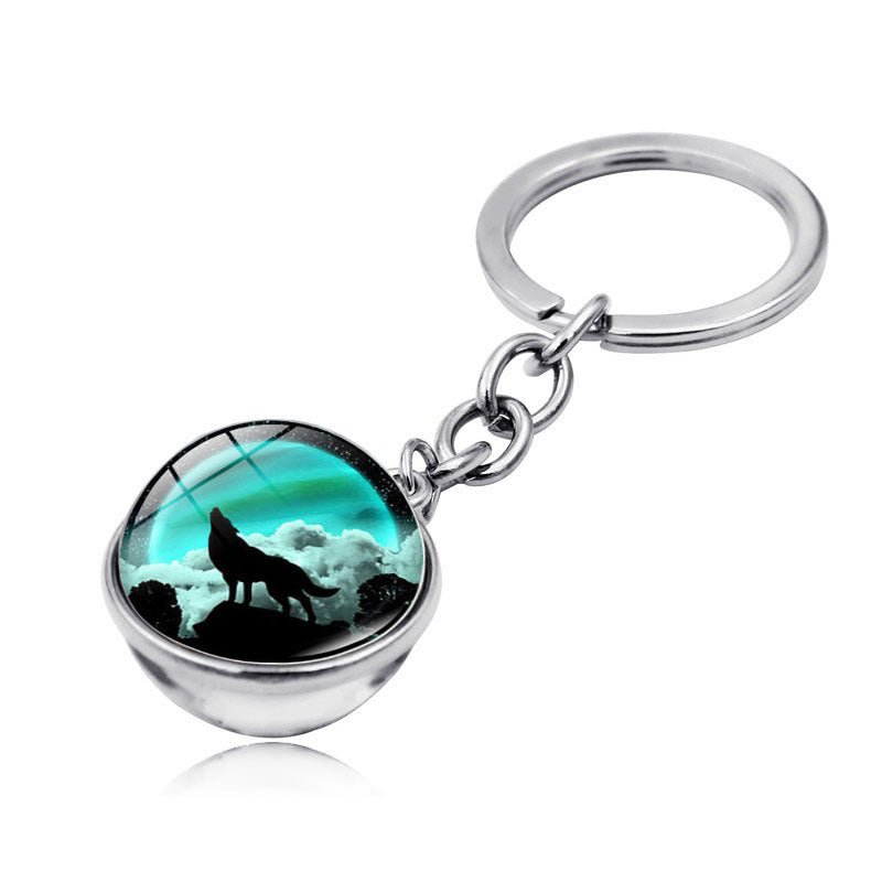 Howling Wolf Moonlight Gem Keychain with Metal Ring