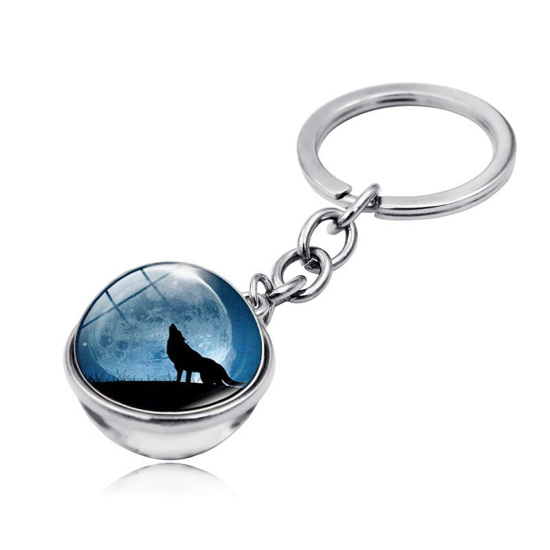 Howling Wolf Moonlight Gem Keychain with Metal Ring