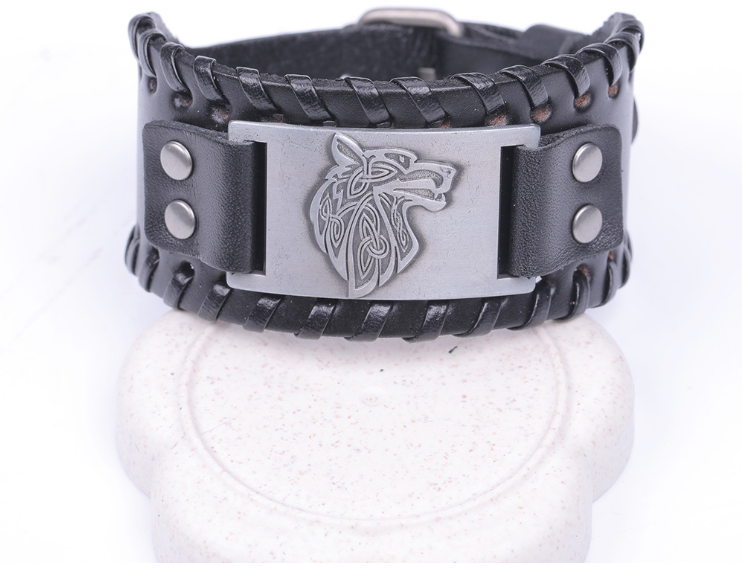 Viking Wolf Head Leather Arm Cuff by Beowulf Regalia