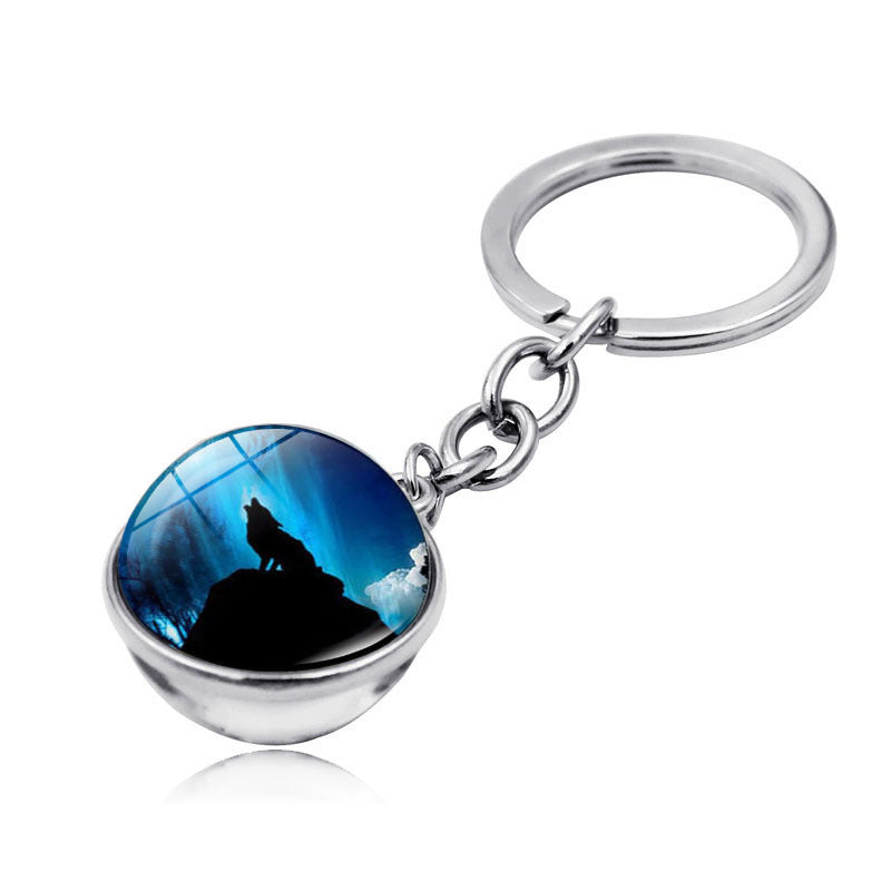 Howling Wolf Moonlight Gem Keychain with Metal Ring