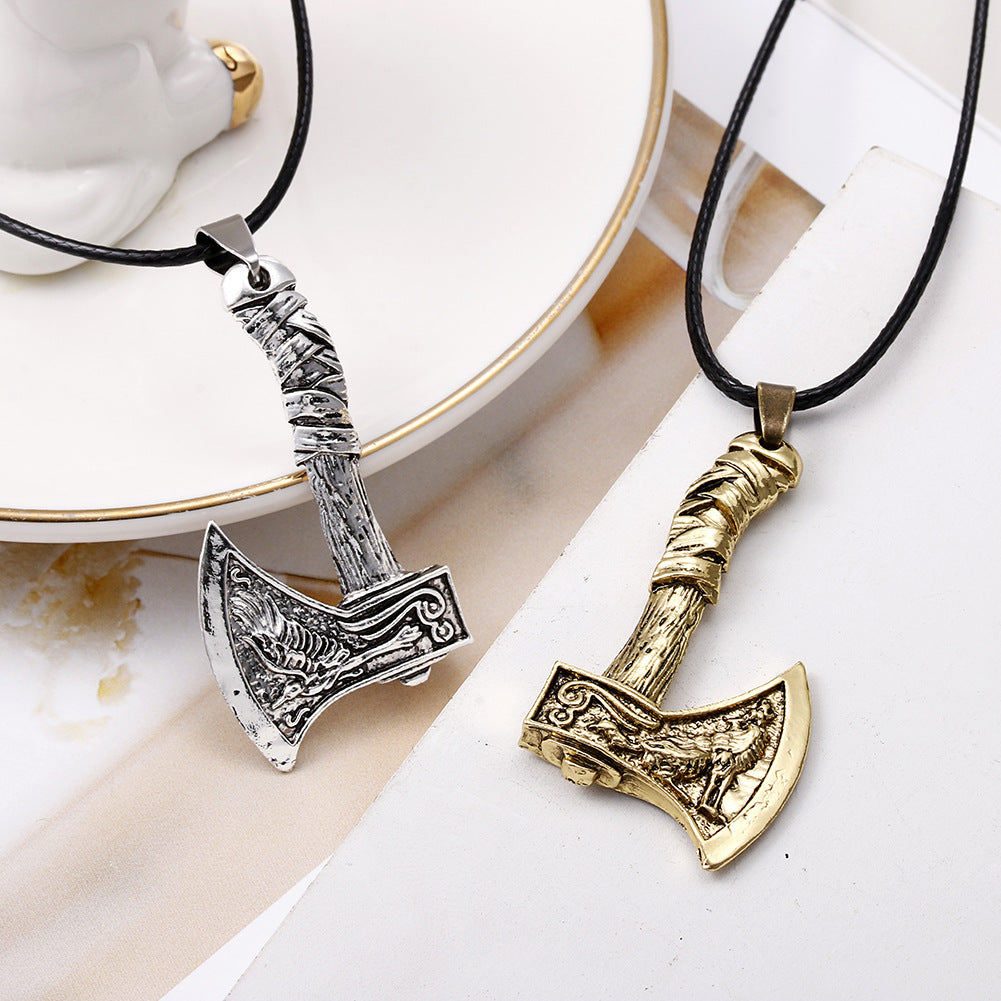 Celtic Wolf Raven Viking Axe Pendant Necklace