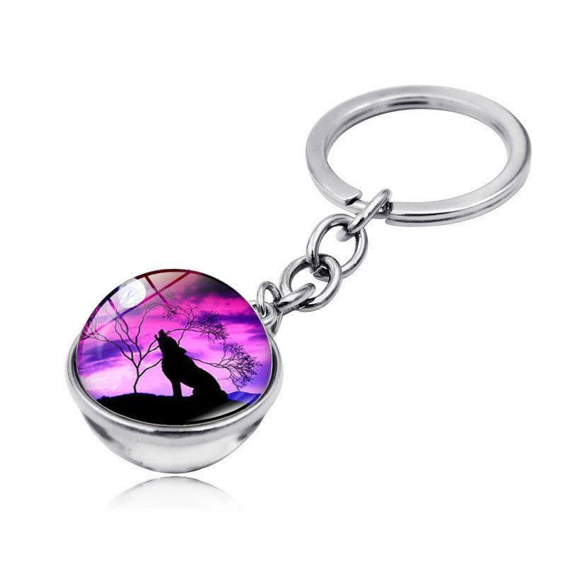 Howling Wolf Moonlight Gem Keychain with Metal Ring