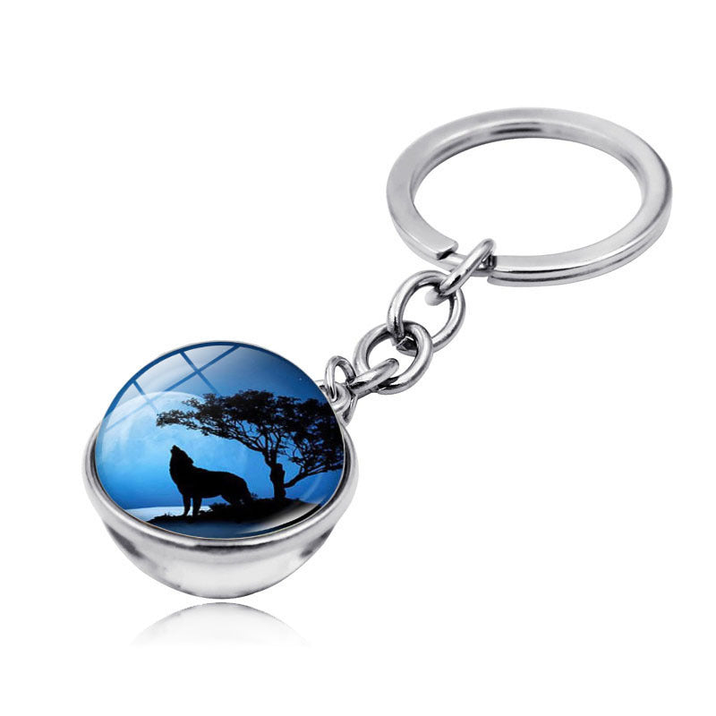 Howling Wolf Moonlight Gem Keychain with Metal Ring