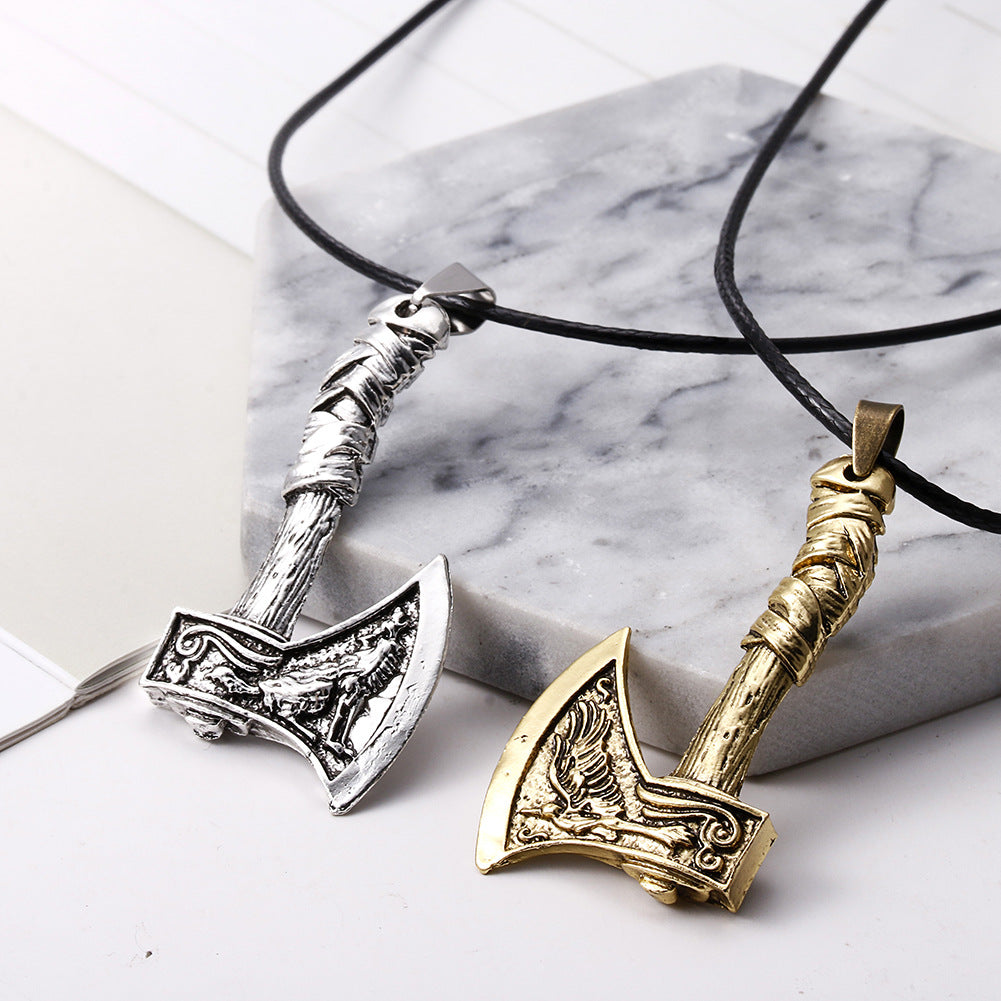 Celtic Wolf Raven Viking Axe Pendant Necklace