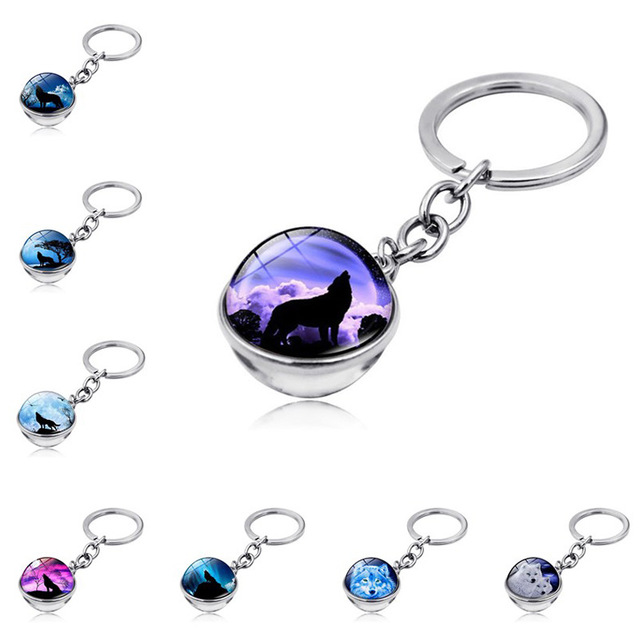 Howling Wolf Moonlight Gem Keychain with Metal Ring
