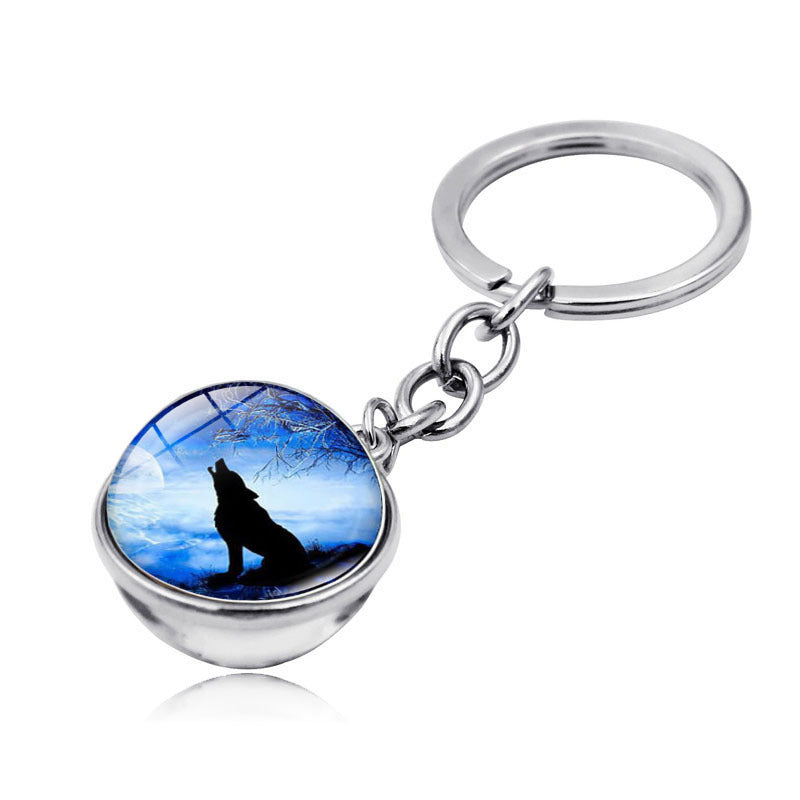 Howling Wolf Moonlight Gem Keychain with Metal Ring