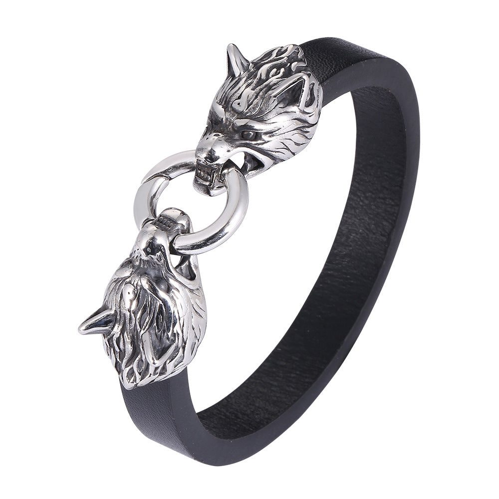 Viking Titanium Steel Wolf Head Leather Rope Bracelet