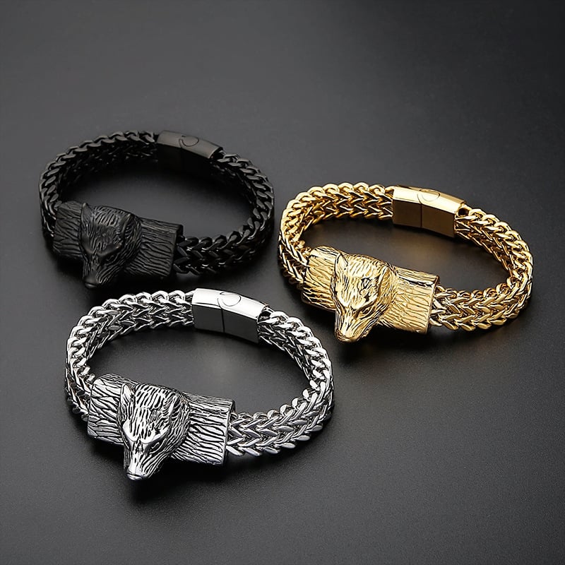 Titanium Steel Wolf Head Bracelet – Black, Gold & Steel