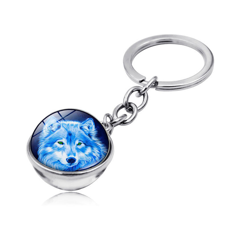 Howling Wolf Moonlight Gem Keychain with Metal Ring