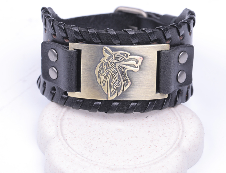 Viking Wolf Head Leather Arm Cuff by Beowulf Regalia