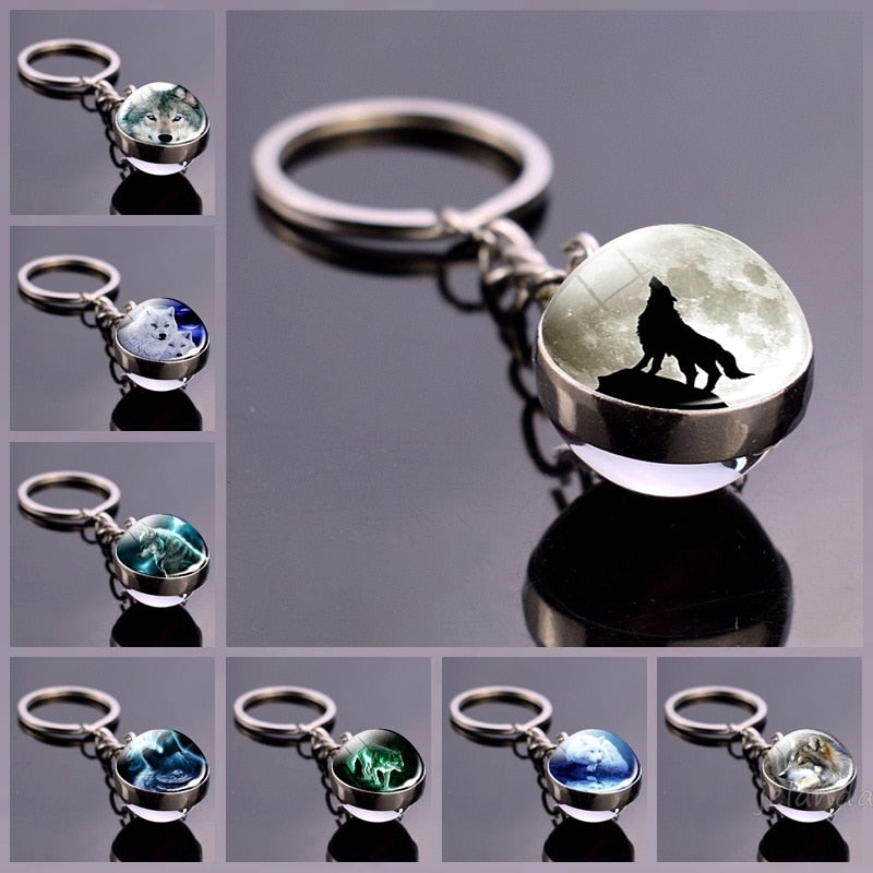 Howling Wolf Moonlight Gem Keychain with Metal Ring