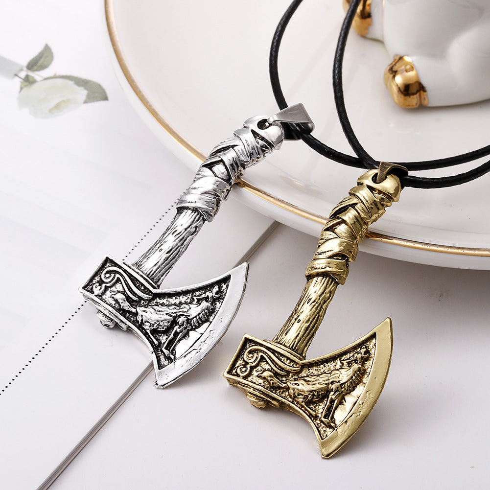 Celtic Wolf Raven Viking Axe Pendant Necklace